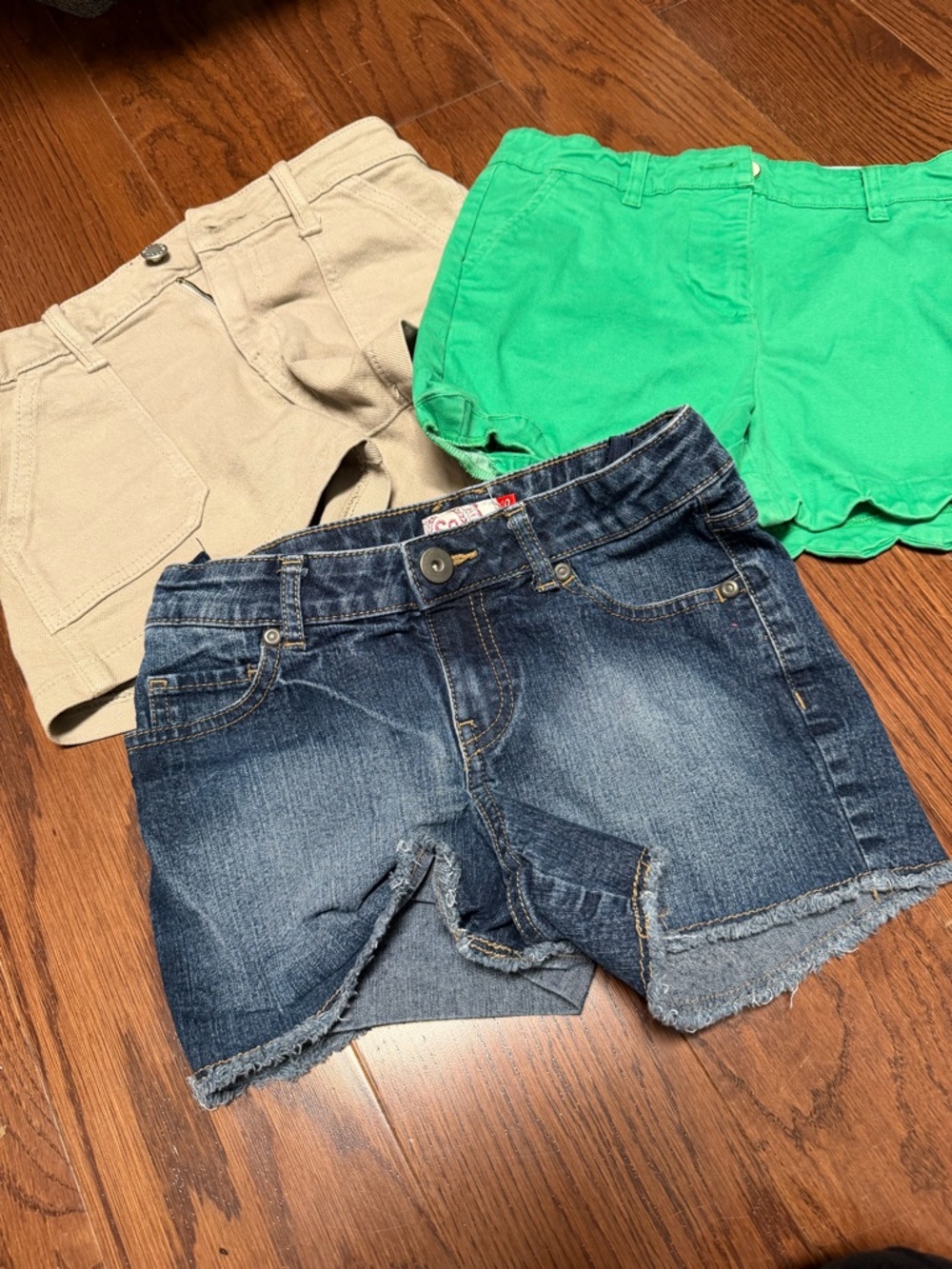 Sz 10 girls shorts — Denim Dark Blue, Green, and Tan Shorts